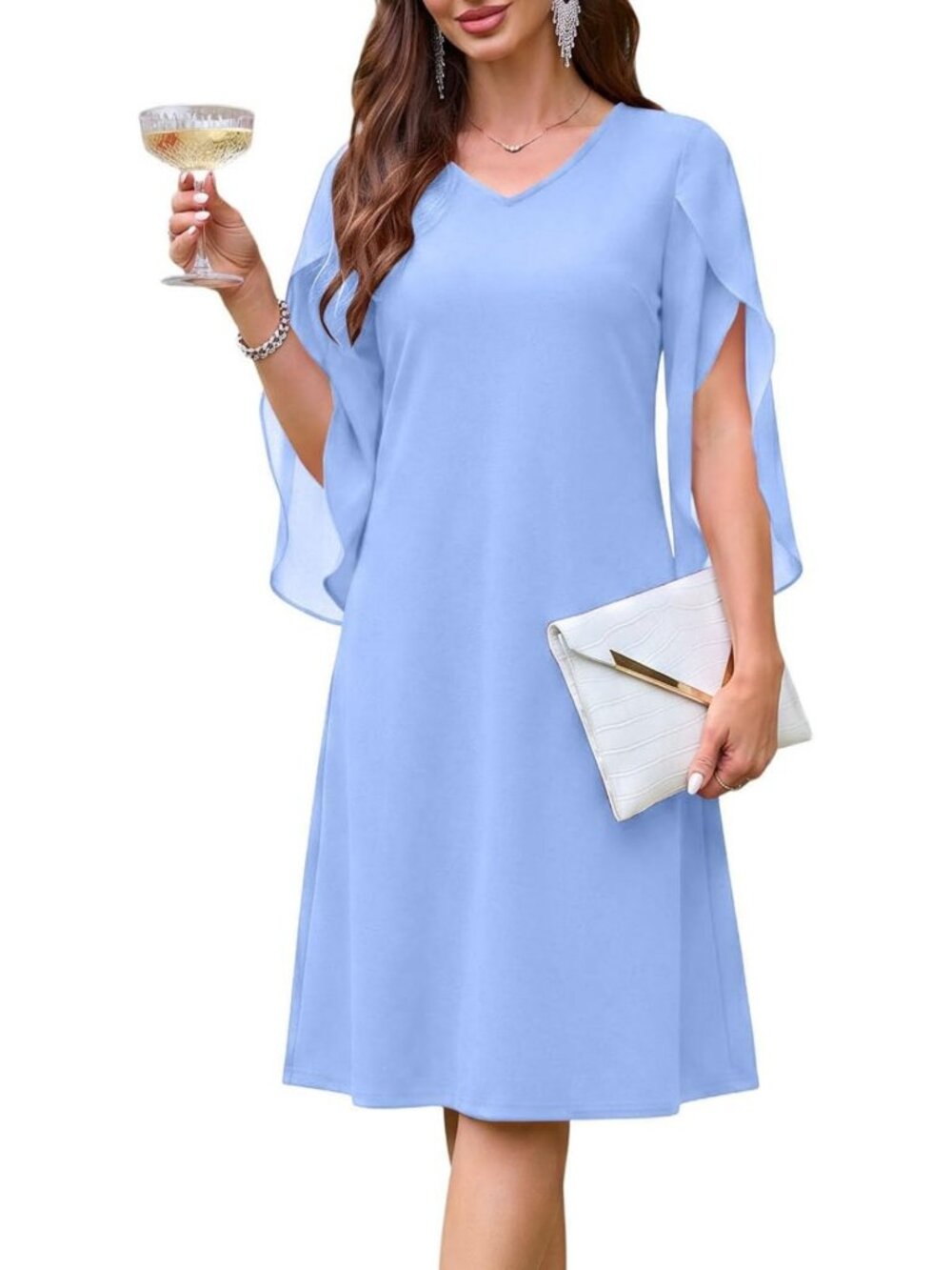 Chic V Neck Chiffon Sleeve Midi Dress for Cocktail & Wedding Guest Style